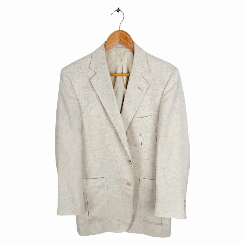 Vintage 70s 80s Linen Blazer Mens Cream Oatmeal Sport Coat Union Made USA 42